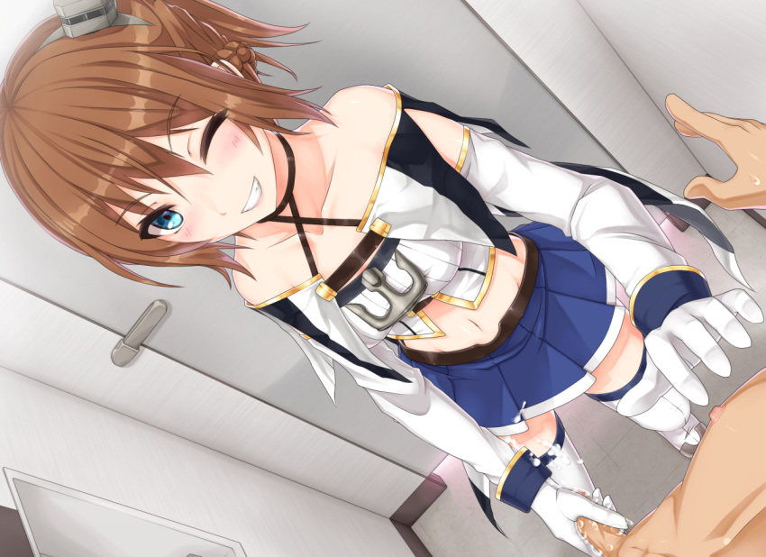 1boy 1girls anthro aqua_eyes azur_lane blush braids brown_hair censored cum femdom gloved_handjob gloves handjob light-skinned_female light-skinned_male light_skin navel nm_(tshell2761) penis repulse_(azur_lane) royal_navy_(azur_lane) short_hair skirt thighhighs white_gloves