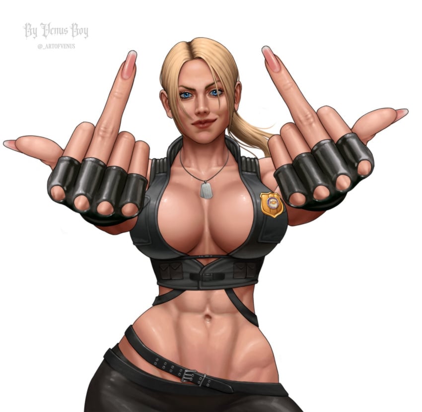 1girls abs big_breasts blonde_hair blue_eyes breasts clothed_female dog_tags double_middle_finger fake_breasts female female_only fingerless_gloves fit_female flipping_off flipping_the_bird flipping_viewer_off latex long_fingernails long_hair looking_at_viewer middle_finger mortal_kombat mortal_kombat_(2011) netherrealm_studios police_badge ponytail solo sonya_blade sonya_blade_(mk9) toned toned_body toned_female venusboyart warner_brothers white_background