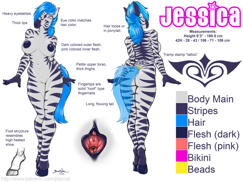 1girls anthro blue_hair breasts clitoris equine female female_only furry jeremy_bernal jessica_zebra model_sheet navel nipples pussy sexyfur solo spread_pussy tattoo urethra white_background zebra