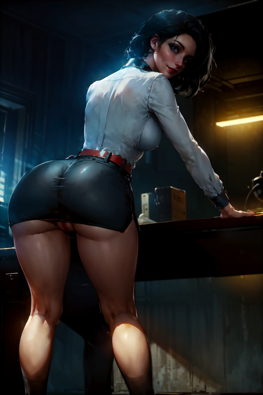 1girls absurd_res ai_generated arms_on_table ass belt bioshock bioshock_infinite black_hair black_skirt blue_eyes burial_at_sea elizabeth_comstock elizabeth_comstock_(burial_at_sea) female female_only from_behind from_below hi_res hips indoors kusoneit leaning leaning_forward leaning_on_table light_smile lipstick looking_at_viewer looking_back looking_down medium_breasts medium_hair no_panties pose posing pussy red_lips red_lipstick self_upload shirt short_skirt shoulder_length_hair skirt smile solo stable_diffusion standing table thick_thighs thighs white_shirt wide_hips