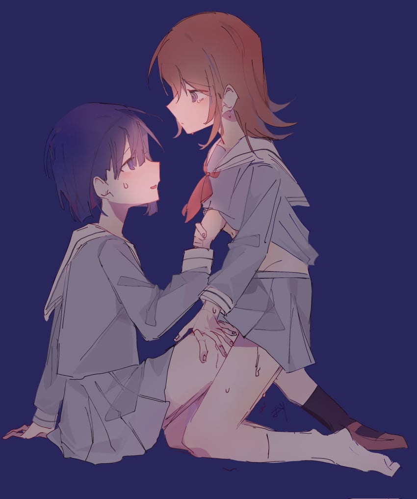 2girls hanasato_minori kiritani_haruka knee_between_legs looking_at_partner multiple_girls project_sekai sweat touching_breast touching_leg wetness