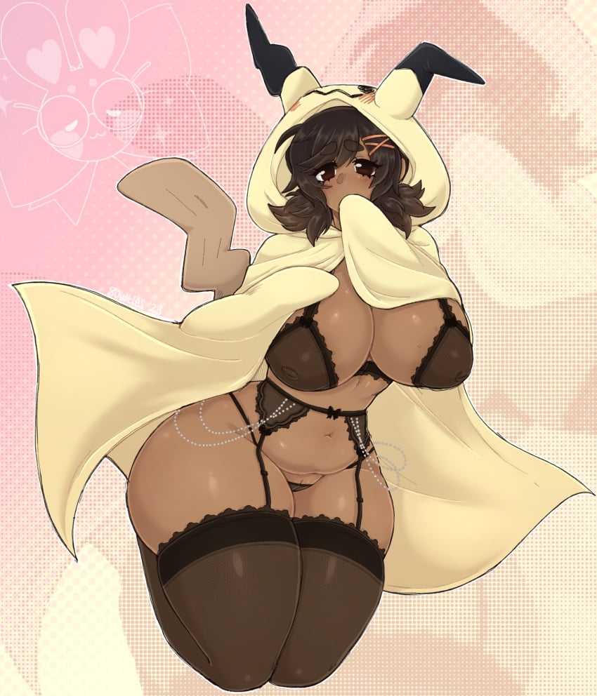 1girls 2023 8owties big_breasts black_eyes black_hair bra dark-skinned_female dark_skin female female_only garter_belt garter_straps generation_7_pokemon hi_res hood hooded_cloak humanized lingerie looking_at_viewer mimi_(8owties) mimikyu nintendo nipples nipples_visible_through_clothing panties pokémon_(species) pokemon pussy_peek skindentation solo stockings tail thick_thighs thigh_squish thighhighs underwear