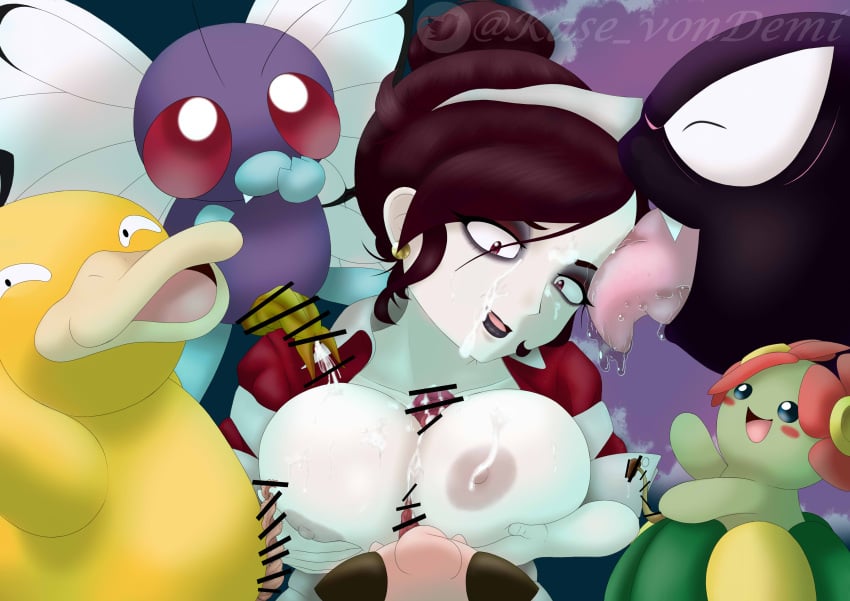 1girls animal_genitalia bellossom big_breasts blush breasts butterfree censored cleffa cum cum_on_breasts cum_on_face demetrikase demivonkase feral feral_on_female gangbang gastly hex_maniac_(gen_3) hi_res licking nipples paizuri penis pokémon_(species) pokemon psyduck saliva size_difference tagme