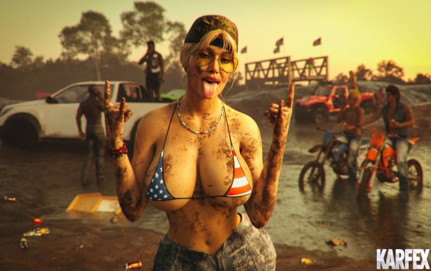 3d american_flag_bikini backwards_baseball_cap baseball_cap big_breasts blonde_hair blue_eyes busty chromatic_aberration clothed clothed_female curvaceous denim_shorts dirty eyewear female gesture grand_theft_auto grand_theft_auto_vi hair hotpants karfex large_breasts mud mud_girl_(gta_vi) muddy necklace posing regina_(karfex) shorts tongue tongue_out wide_hips wife