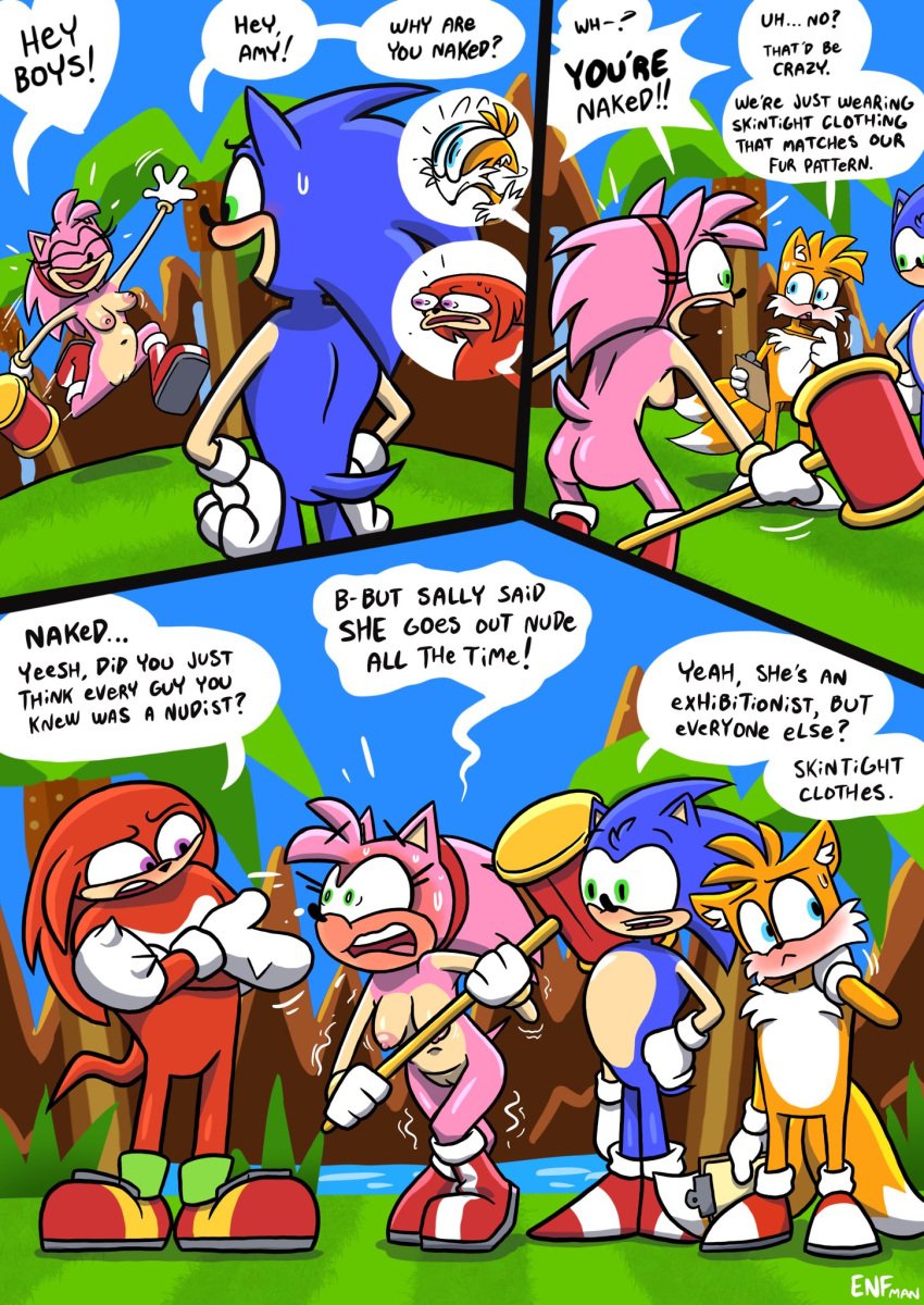 1girls 3boys amy_rose anthro ass blue_sky blush boobs boots breasts casual_nudity classic_amy_rose comic constricted_pupils embarrassed embarrassed_nude_female enf english_text exhibitionism exposed_torso female flushed flushed_face flustered footwear full-face_blush funny furry gloves green_eyes hammer handwear holding_object humor knuckles_the_echidna mammal misunderstanding multiple_boys naked_footwear navel nervous nervous_sweat nipples nude nudism nudist only_one_naked open_mouth outdoors pink_body pussy red_face red_hairband shaking shoes sky smile sonic_(series) sonic_cd sonic_the_hedgehog sonic_the_hedgehog_(series) standing stuttering surprised surprised_expression sweatdrop tagme tail tails tails_the_fox text theenfman tits trees tremble_lines trembling waving wavy_mouth white_gloves wide-eyed