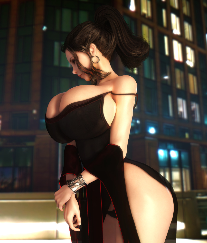 1girls 3d 3d_(artwork) alternate_ass_size alternate_body_type alternate_breast_size alternate_hairstyle bare_shoulders black_hair bracelet bracelets breasts_bigger_than_head city city_background cityscape cleavage clothed clothed_female dress earrings female female_only female_solo gigantic_breasts holding_hand hoop_earrings huge_ass huge_breasts kate_beckinsale long_hair looking_away ponytail selene_(underworld) side_boob sideboob small_waist solo solo_female thick_thighs thighs thin_waist top_heavy underworld vaako vampire vampire_girl voluptuous voluptuous_female wasp_waist wide_hips