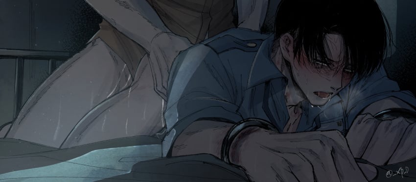 attack_on_titan black_hair blush doggy_style erwin_smith forced_yaoi handcuffs heavy_breathing levi_ackerman light-skinned_male light_skin rough_sex shirt_only yaoi