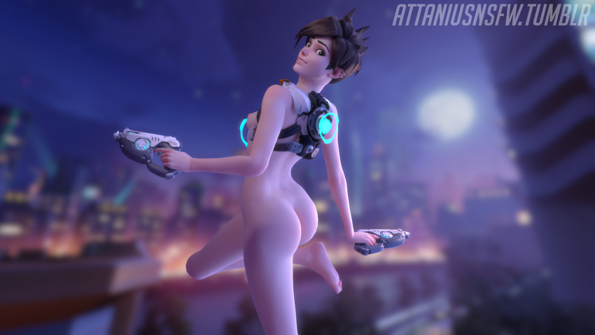 3d ass attanius breasts brown_hair female female_only looking_at_viewer looking_back nipples overwatch short_hair solo tracer