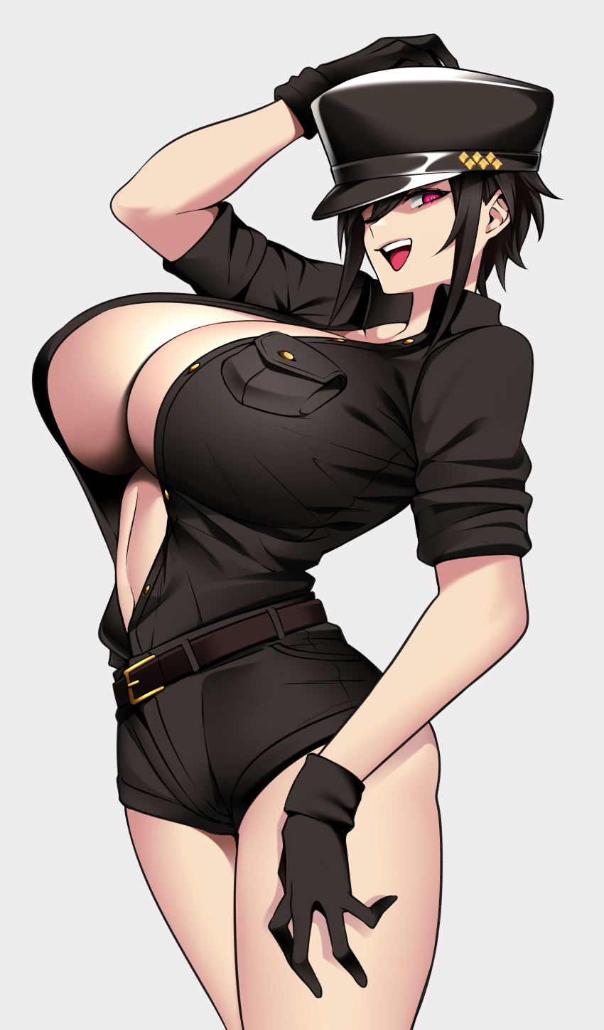 big_breasts black_gloves black_hair black_hat black_shirt blush boob_window hand_on_hat looking_at_viewer opened_mouth red_eyes smiling_at_viewer zepia_(camui_kamui)