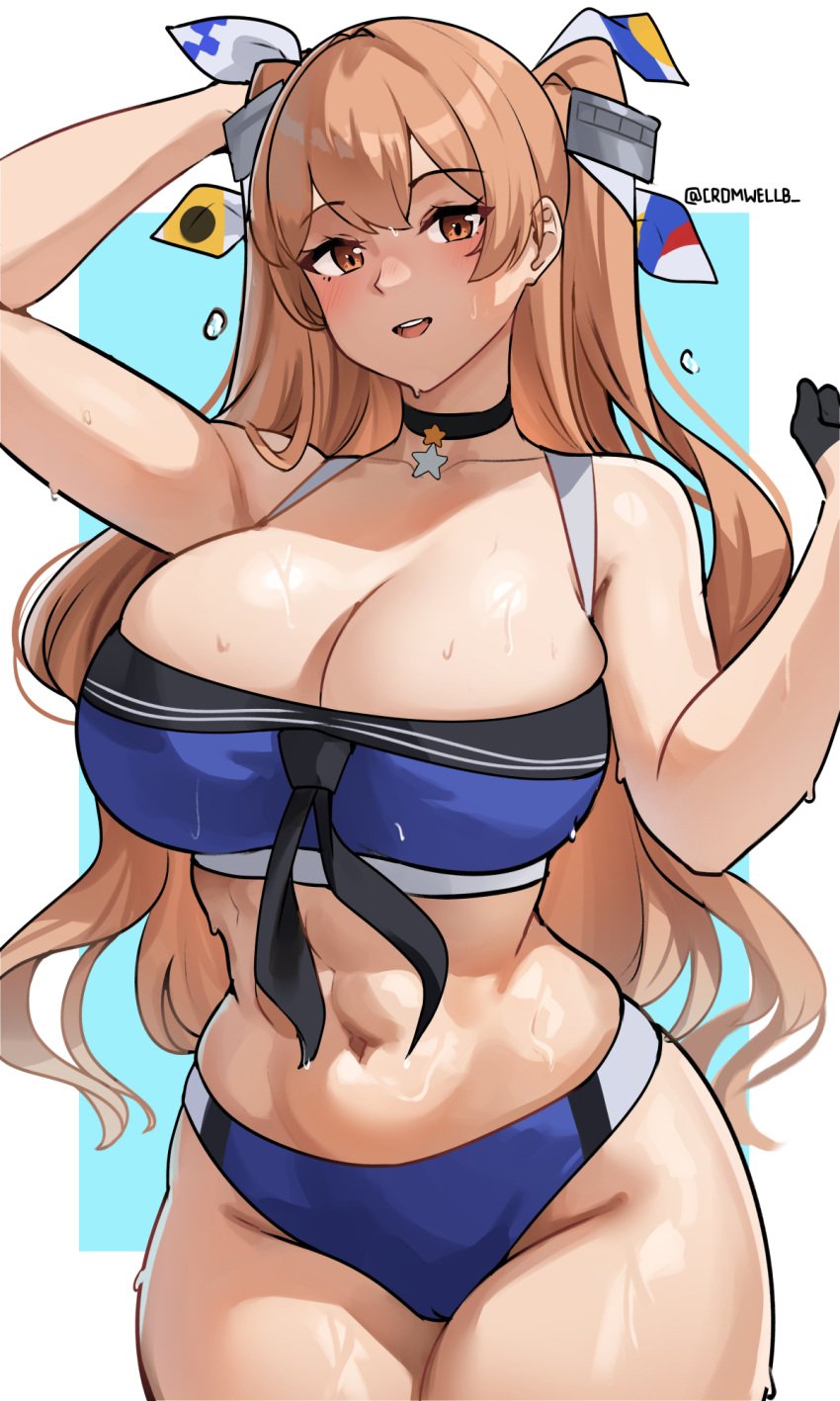 1girls abs bikini blue_bikini blush breasts brown_eyes choker cleavage cowboy_shot cromwellb female front-tie_bikini_top front-tie_top hair_between_eyes hair_ornament hair_ribbon hands_on_own_hips highres johnston_(kantai_collection) kantai_collection light_brown_hair long_hair looking_at_viewer medium_breasts narrow_waist navel official_alternate_costume open_mouth ribbon simple_background solo stomach sweat swimsuit toned twitter_username two_side_up very_long_hair wide_hips