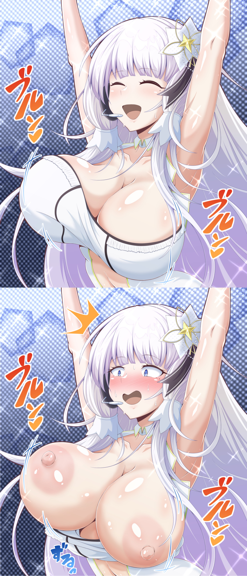 accidental_exposure azur_lane big_breasts blush blushing boobs bouncing_breasts breasts earpiece illustrious_(azur_lane) kumanosita large_breasts microphone nipple nipples tits tubetop wardrobe_malfunction white_hair