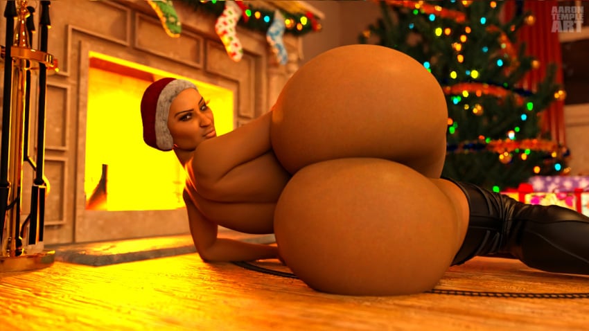 1female 3d aarontempleart ass ass_focus bare_ass big_ass big_butt brown-skinned_female christmas_headwear christmas_tree curvy curvy_body curvy_figure dark-skinned_female female fireplace giant_ass glenda_johnson huge_ass huge_butt large_ass large_butt laying_on_side leather_boots looking_at_viewer mature_female older_female santa_hat thick_ass thick_thighs