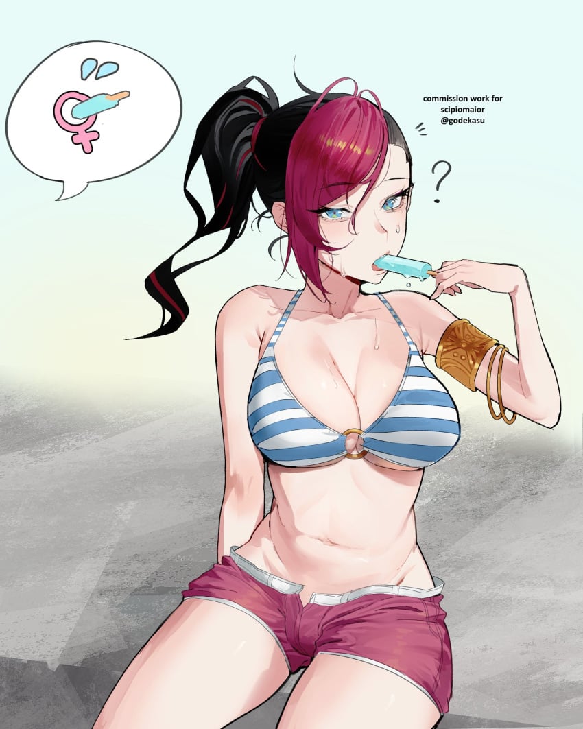 blue_eyes clothed fiora_laurent godekasu jewelry league_of_legends ponytail pool_party_fiora pool_party_series popsicle purple_hair sexually_suggestive spoken_question_mark sweat swimming_trunks swimsuit two_tone_hair