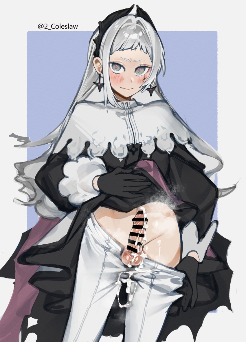 1futa arknights balls bar_censor black_gloves blue_background blush breasts censored closed_mouth clothed clothes_lift clothes_pull clothing cowboy_shot cum cum_on_clothes cum_on_penis earrings erection futa_only futanari gloves grey_eyes grey_hair highres human irene_(arknights) jewelry lifted_by_self light-skinned_futanari light_skin long_hair long_sleeves mirin_chikuwa mostly_clothed pantyhose pantyhose_pull penis penis_out pulled_by_self scar scar_across_eye skirt skirt_lift solo standing two-tone_background white_background white_pantyhose