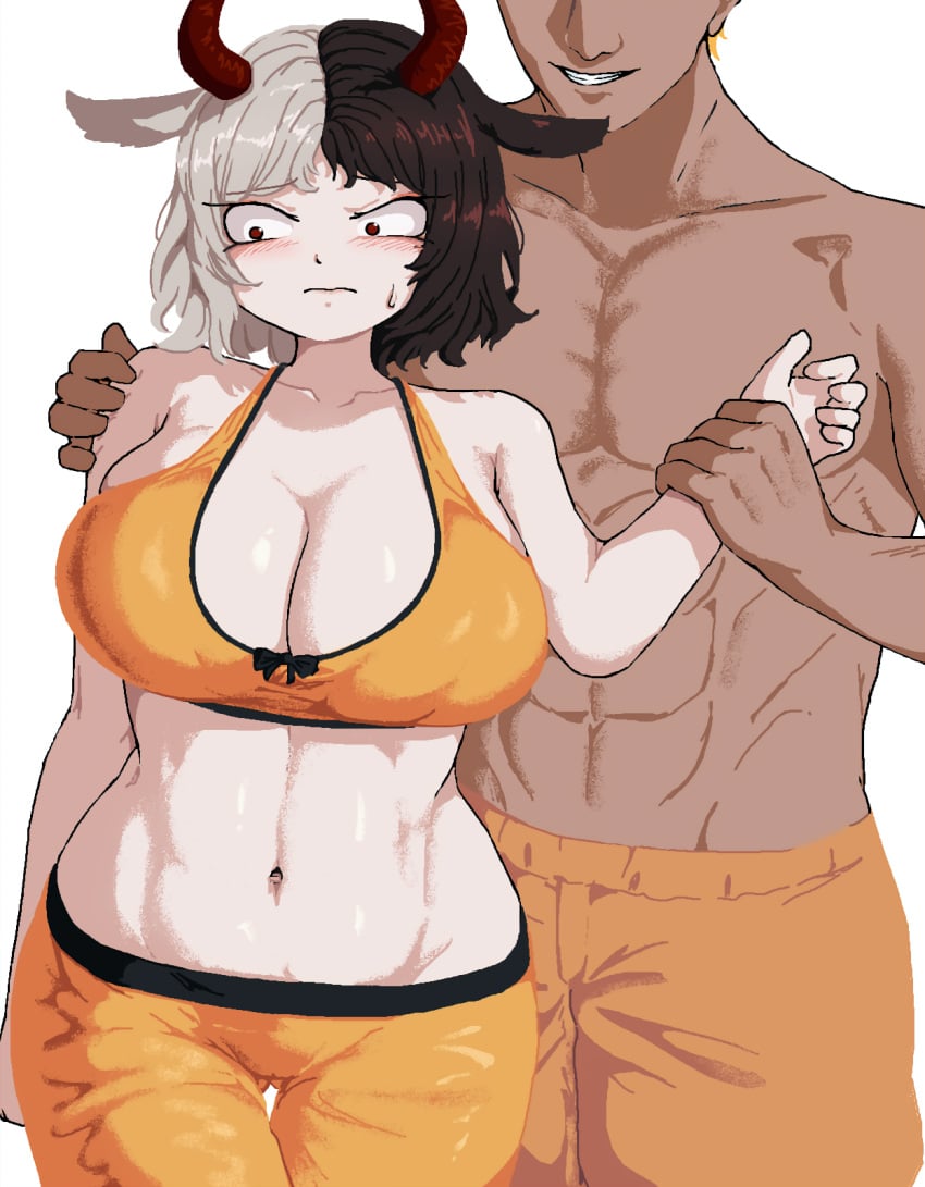 1boy 1girls 2d belly belly_button big_breasts black_hair blush breasts cow_ears cow_girl cow_horns crop_top embarrassed female grabbing_hand hand_grab hand_on_shoulder looking_down male multicolored_hair short_hair shorts shy smile smiling son_(artist) source sweatdrop touhou urumi_ushizaki white_hair