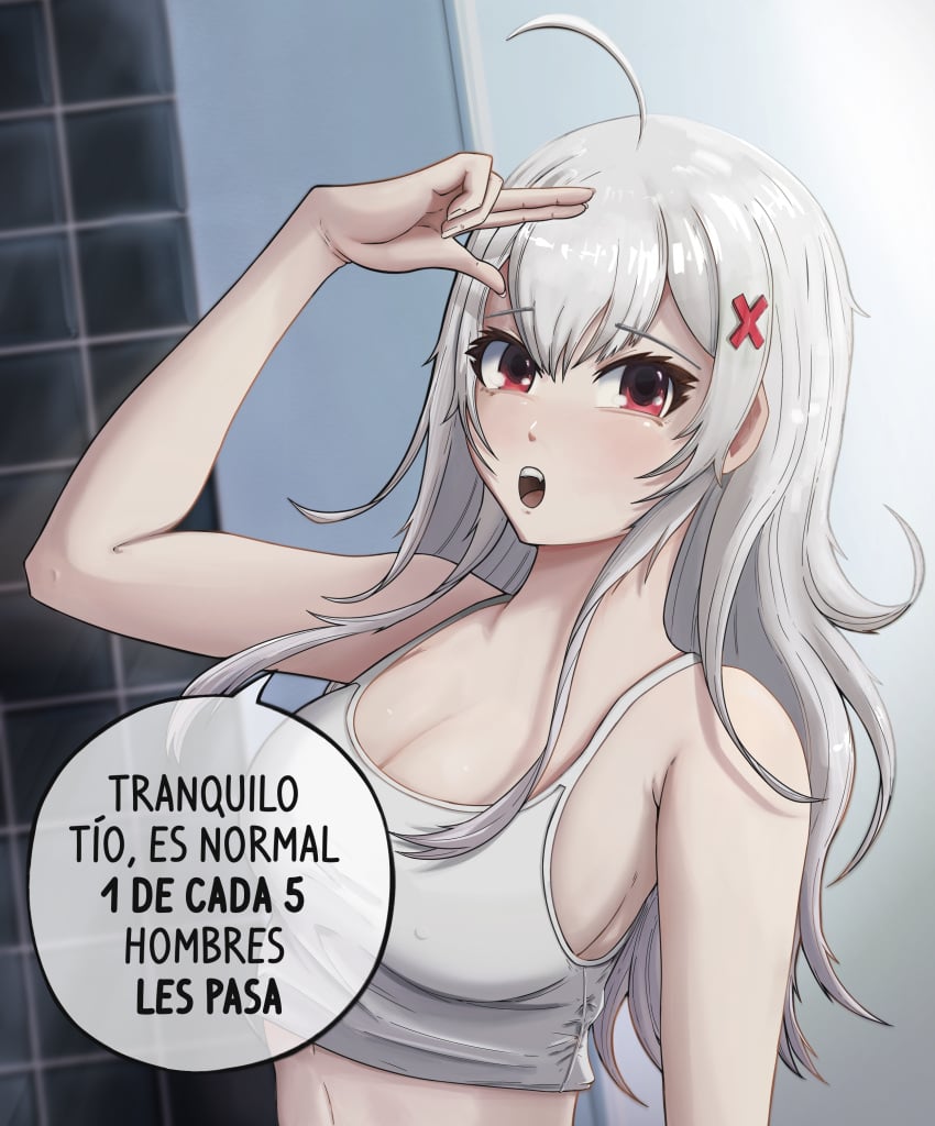 1girls 2d ahoge anime_style arm_up bangs bathroom beelceteam big_breasts cleavage darkraiteam digital_art digital_drawing digital_media erectile_dysfunction erispheria female female_only hair_ornament hairclip hand_on_head highres indoors light-skinned_female light_skin long_hair looking_at_viewer messy_hair nipples_visible_through_clothing notes_translation open_eyes open_mouth red_eyes red_hairclip shiny_hair shower slight_blush solo solo_focus source_request spanish_text standing talking_to_viewer tank_top text text_bubble translated translated_in_comments twitch unseen_male virtual_youtuber vtuber white_hair white_tank_top youtube