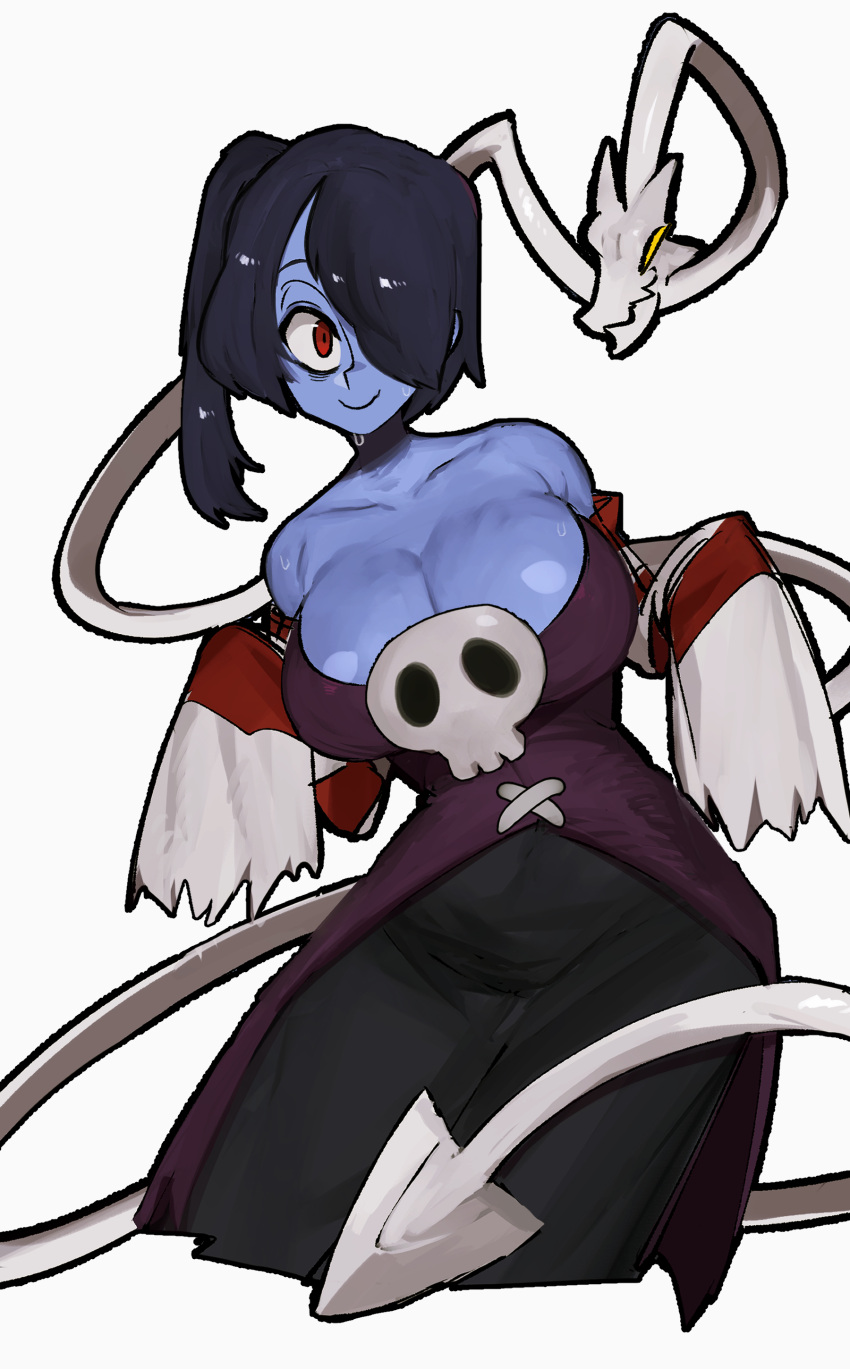 eye_covered large_breasts manobece purple_skin red_eyes skullgirls smiling squigly sweating tail