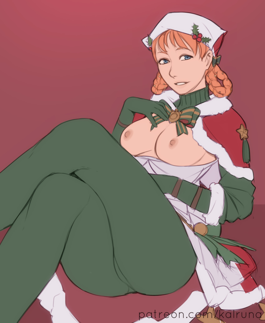 1girls alternate_costume annette_fantine_dominic annette_fantine_dominic_(winter) blue_eyes braid breasts breasts_out christmas crossed_legs elbow_gloves fire_emblem fire_emblem:_three_houses fire_emblem_heroes fire_emblem_warriors:_three_hopes gloves grin hat kalruna medium_breasts nintendo nipples official_alternate_costume orange_hair panties pantyhose pantylines short_hair sitting smile solo underwear