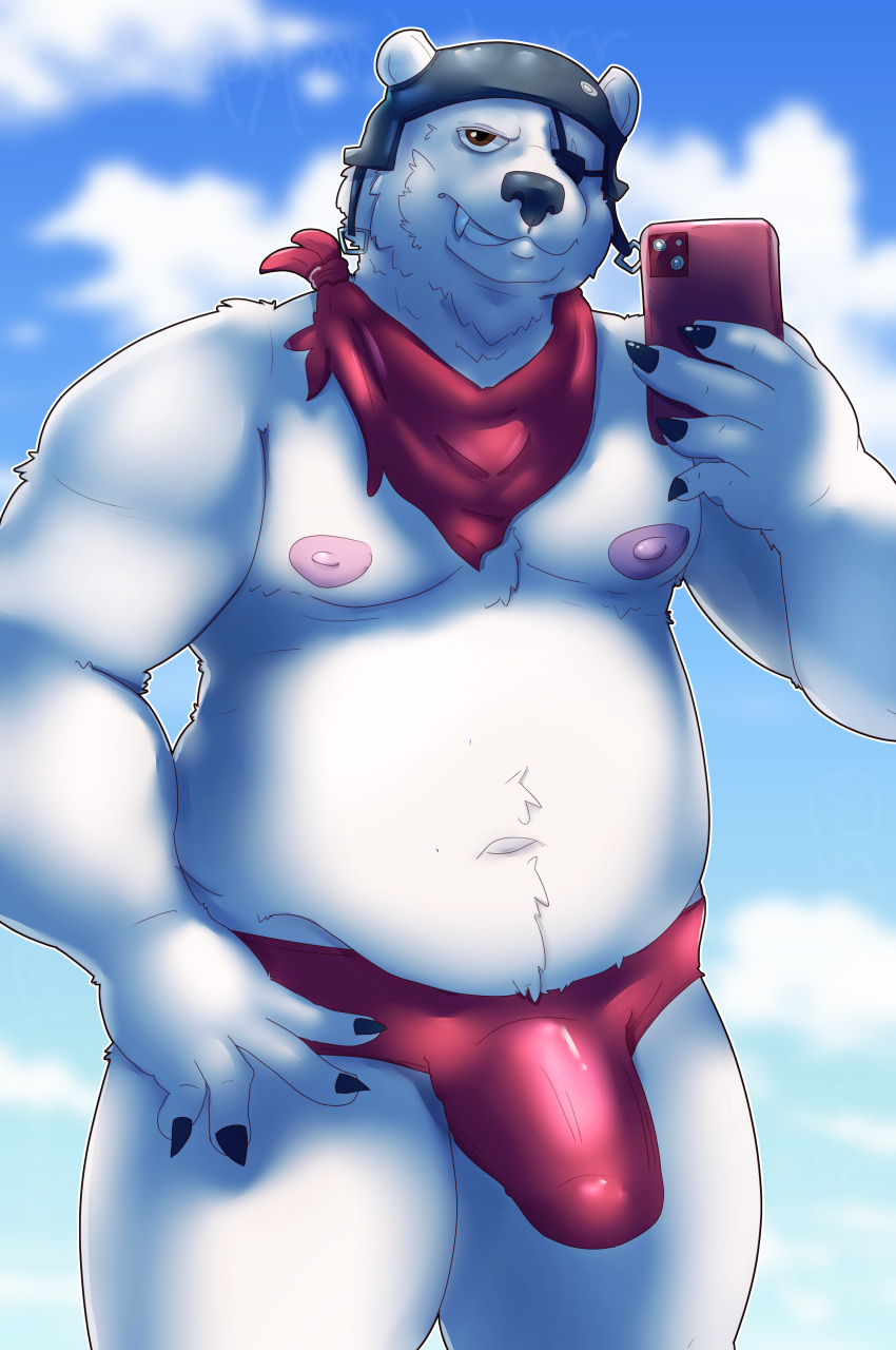 absurd_res anthro bear bulge cellphone clothed clothing digital_media_(artwork) electronics epic_games erection erection_under_clothing fortnite fur headgear hi_res holding_cellphone holding_object holding_phone male male_only mammal nipples overweight overweight_male phone polar_bear polar_patroller sleepypandaburr smartphone smile smiling_at_viewer solo speedo swimwear topless ursine white_body white_fur