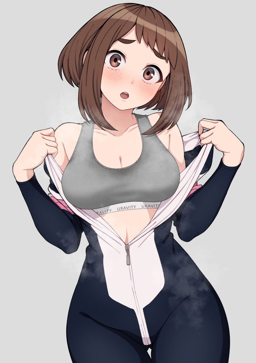 1girl 1girls absurdres bare_shoulders black_bodysuit blush blush_lines blushing_at_viewer bodysuit boku_no_hero_academia bra breasts brown_eyes brown_hair cleavage clothed collarbone commentary_request curvy eyebrows female gluteal_fold grey_background grey_bra grey_sports_bra head_tilt hero_outfit_(mha) highres kobaji large_breasts light-skinned_female light_skin long_sleeves looking_at_viewer medium_hair my_hero_academia ochako_uraraka ochako_uraraka_(hero_outfit) open_bodysuit open_clothes open_mouth opened_by_self pink_bodysuit sidelocks simple_background solo sports_bra steam steaming_body stomach tagme teeth thigh_gap thighs tight_clothing tits_out two-tone_bodysuit underwear_writing undressing upper_teeth_only uraraka_ochako zipper_pull_tab