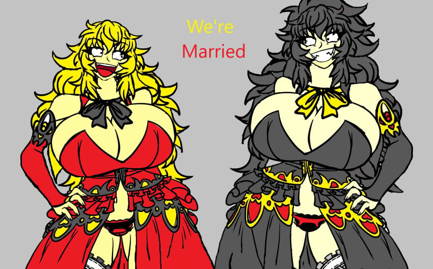 big_breasts color colored edit edited huge_breasts incest incest_marriage looking_at_another looking_at_partner mother_and_daughter no_sex raven_branwen rwby smile smiling thick_thighs wedding_dress wedding_ring yang_xiao_long zarvex3