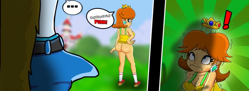 ass blue_eyes donkey_kong_(series) funky_kong furry furry_male mario_(series) orange_hair outdoors penis princess_daisy super_mario_bros.