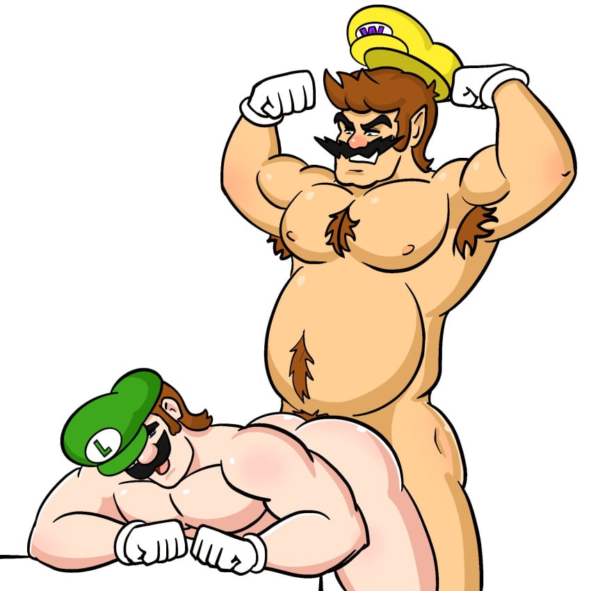 2boys anal anal_sex armpit_hair armpits belly biceps big_belly body_hair brown_hair chest_hair doggy_style duo facial_hair fat fat_belly fat_man flexing_bicep gay gay_sex gloves green_hat hairy_belly hairy_male human light-skinned_male light_skin luigi male male/male mario_(series) moustache muscular muscular_male nintendo nipples nude nude_male overweight overweight_male penis_in_anus pgbckup pubic_hair sex smile super_mario_bros. wario white_background white_gloves