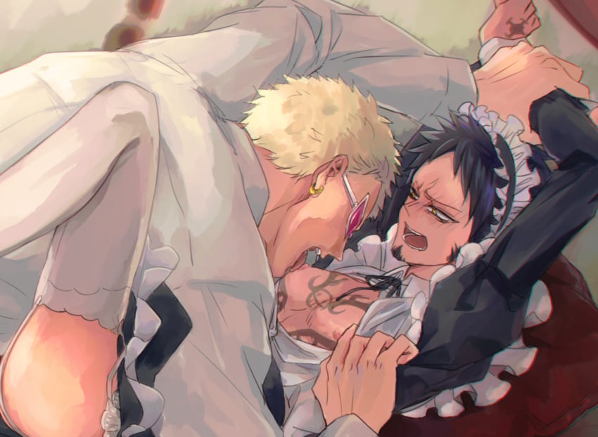 2boys arms_up ass bed black_hair blonde_hair blush chest_tattoo crossdressing donquixote_doflamingo dress femboy frilled_dress frills garter_straps gay hand_tattoo kizna long_sleeves maid maid_headdress male male_focus male_only multiple_boys muscular muscular_male nipples one_piece open_clothes open_mouth pectorals short_hair size_difference sucking_male_nipple sunglasses tattoo thighhighs trafalgar_law white_thighhighs yaoi yellow_eyes