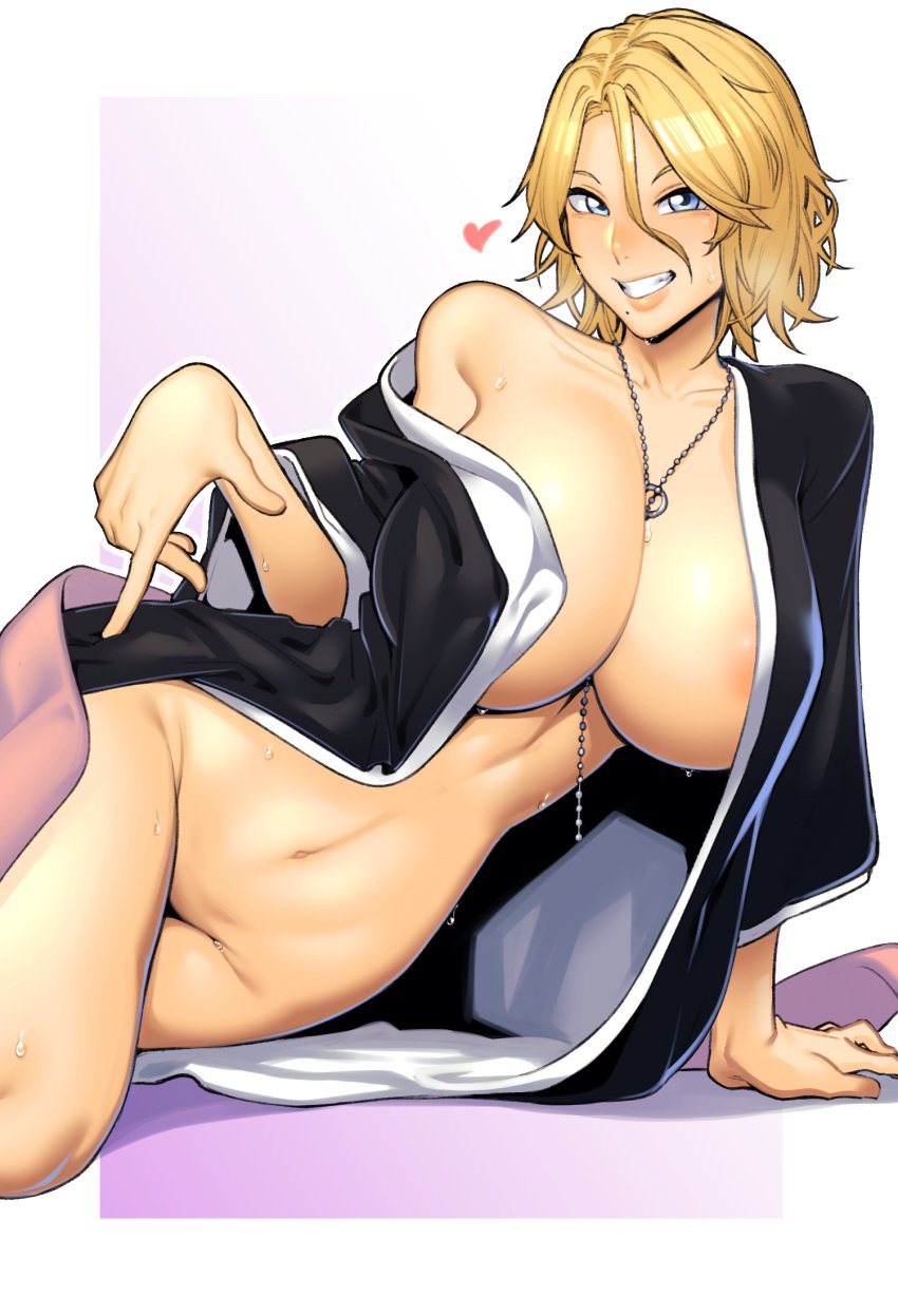 1girls areola_slip arm_support black_kimono bleach bleach:_the_thousand-year_blood_war blonde_hair blue_eyes breasts breath collarbone commentary dyun feet_out_of_frame female grin hair_between_eyes heart highres huge_breasts index_finger_raised japanese_clothes jewelry kimono lips looking_at_viewer lying matsumoto_rangiku mole mole_under_mouth navel necklace necklace_between_breasts off_shoulder on_side open_clothes open_kimono parted_bangs pink_background pink_shawl shawl short_hair simple_background single_bare_shoulder smile solo teeth voluptuous