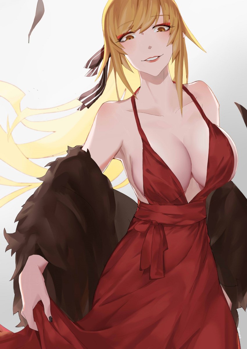 1girls bare_shoulders big_breasts black_nails blonde_hair cleavage dress female kiss-shot_acerola-orion_heart-under-blade long_hair monogatari_(series) oshin0_(zheng) red_dress ribbon solo yellow_eyes