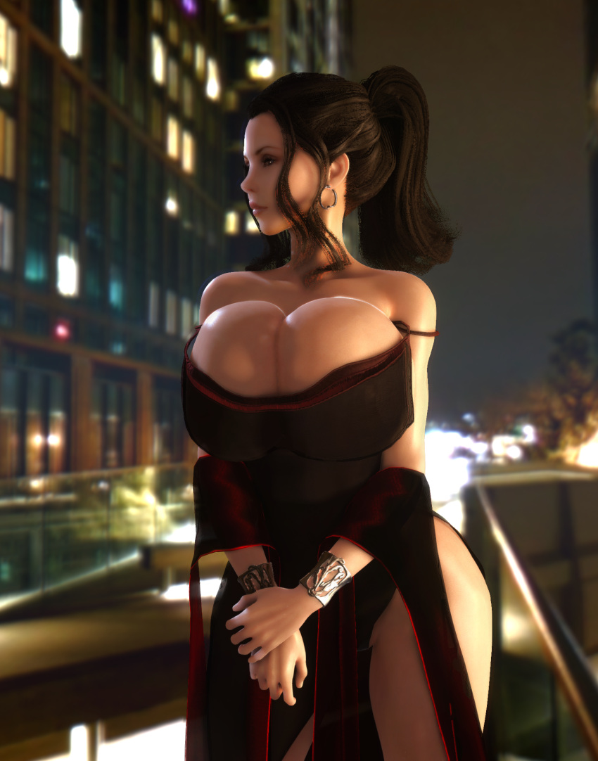 1girls 3d 3d_(artwork) alternate_ass_size alternate_body_type alternate_breast_size alternate_hairstyle bare_shoulders black_hair bracelet bracelets breasts_bigger_than_head city city_background cityscape cleavage clothed clothed_female dress earrings female female_only female_solo gigantic_breasts holding_hand hoop_earrings huge_ass huge_breasts kate_beckinsale long_hair looking_away ponytail selene_(underworld) small_waist solo solo_female thick_thighs thighs thin_waist top_heavy underworld vaako vampire vampire_girl voluptuous voluptuous_female wasp_waist wide_hips