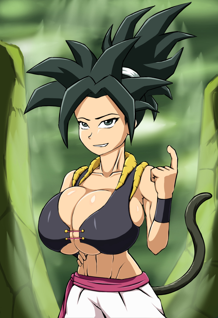 1girls abs alternate_costume black_eyes black_hair bosomancer breasts caule cleavage collarbone dragon_ball dragon_ball_super female female_only fully_clothed fusion hair_up huge_breasts kefla large_breasts long_hair metamoran_clothing muscles ponytail saiyan saiyan_tail smiling solo spiked_hair tail