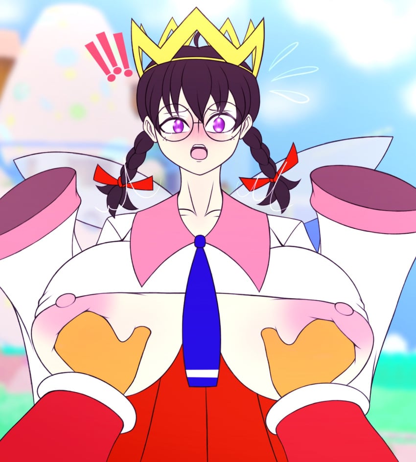 ! 2023 alternate_version_available areolae big_breasts black_hair breast_grab breasts clothing crown dragonbreaker fairy female female_focus first_person_view glasses gloves grabbing groping hair_ribbon huge_breasts king_dedede kirby_(series) kirby_64 large_areolae necklace nintendo nipples open_mouth pov purple_eyes queen_ripple ribbon round_glasses twin_braids underboob