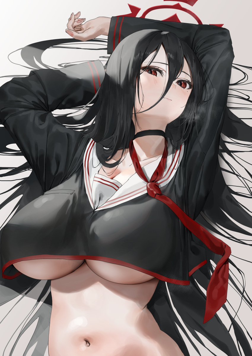 1girls big_breasts black_hair blue_archive breasts busty curvaceous curvy curvy_body curvy_female curvy_figure female hasumi_(blue_archive) huge_breasts justice_task_force_(blue_archive) large_breasts long_hair necktie poharo red_eyes trinity_general_school_student underboob voluptuous