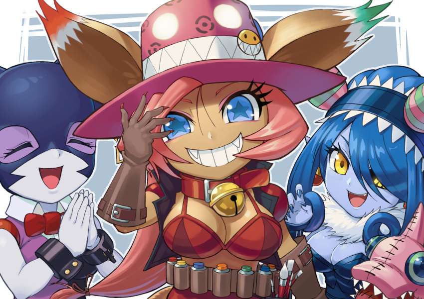 3girls animal_ears appmon_(species) bell bell_collar blue_eyes blue_hair blue_skin collar digimon digimon_universe:_appli_monsters effecmon female female_only long_hair mienumon pink_hair vegasmon yellow_eyes