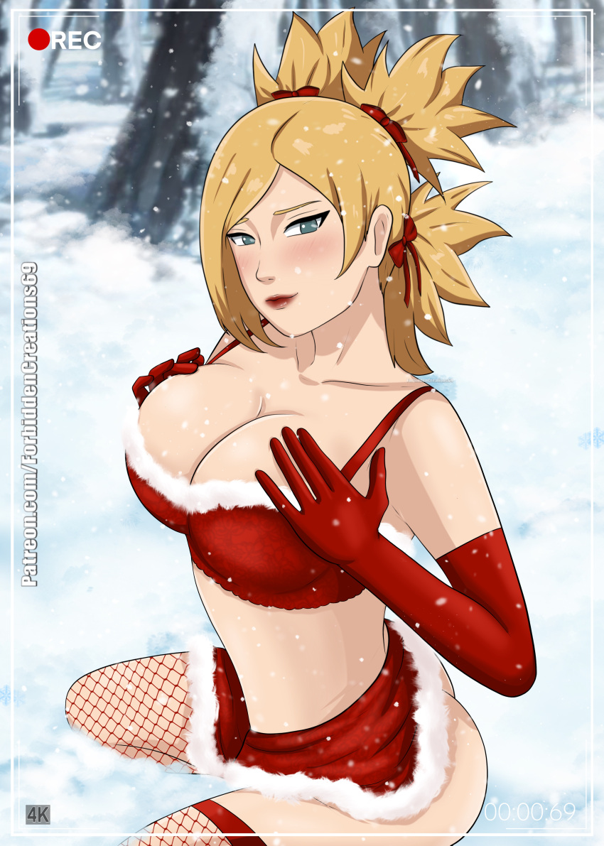 1girls arm_gloves big_breasts blonde_hair blush boruto:_naruto_next_generations breast_grab breasts camera camera_pov camera_view christmas christmas_outfit cleavage female female_only fishnet_stockings fishnets forbidden forest fur_trim gloves grabbing_own_breast huge_breasts kneeling lipstick long_hair looking_at_viewer makeup mature mature_female midriff milf naruto naruto_(series) nature oppai outdoors patreon_username recording revealing_clothes skimpy skimpy_clothes snow snowing solo solo_focus stockings temari tied_hair twintails url watermark web_address