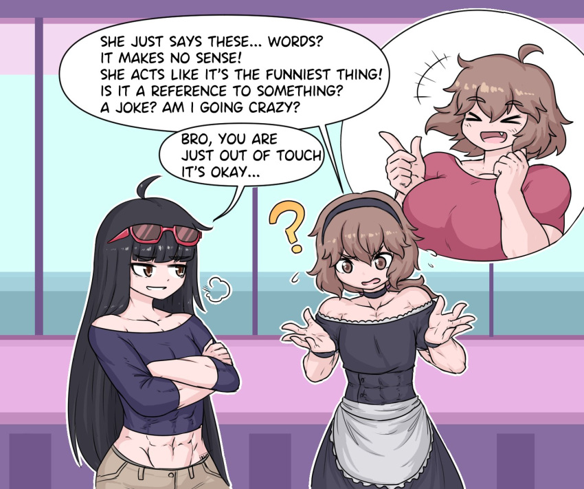 1boy 2girls abs big_breasts bigger_female black_hair brown_eyes brown_hair female maid_uniform muscular_female muscular_male muscular_pecs red_glasses red_shirt sheepapp small_breasts smaller_female smaller_male smiling text tight_clothing violet_shirt