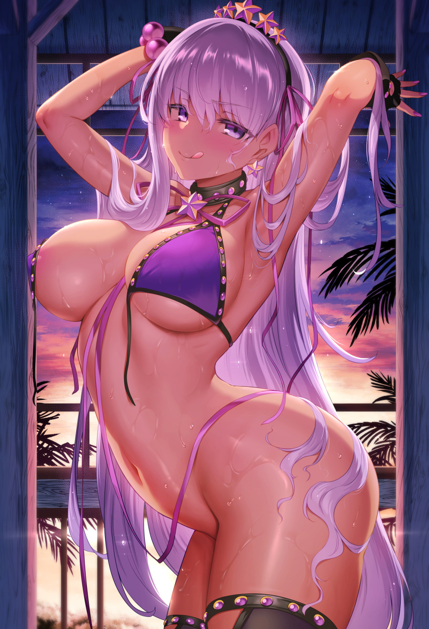 1girls arched_back areola_slip armpits arms_up ass bb_(fate) bb_(fate)_(all) bb_(swimsuit_mooncancer)_(fate) bikini bikini_top bikini_top_only bottomless breasts cleavage curvy dark-skinned_female dark_skin faceless fate/extra fate/extra_ccc fate/grand_order fate_(series) female groin highres huge_ass large_breasts long_hair looking_at_viewer m-da_s-tarou navel nipples purple_bikini purple_hair sideboob solo stomach swimsuit tan thick_thighs thighs tongue tongue_out torso_only underwear untied_bikini very_long_hair wet wide_hips