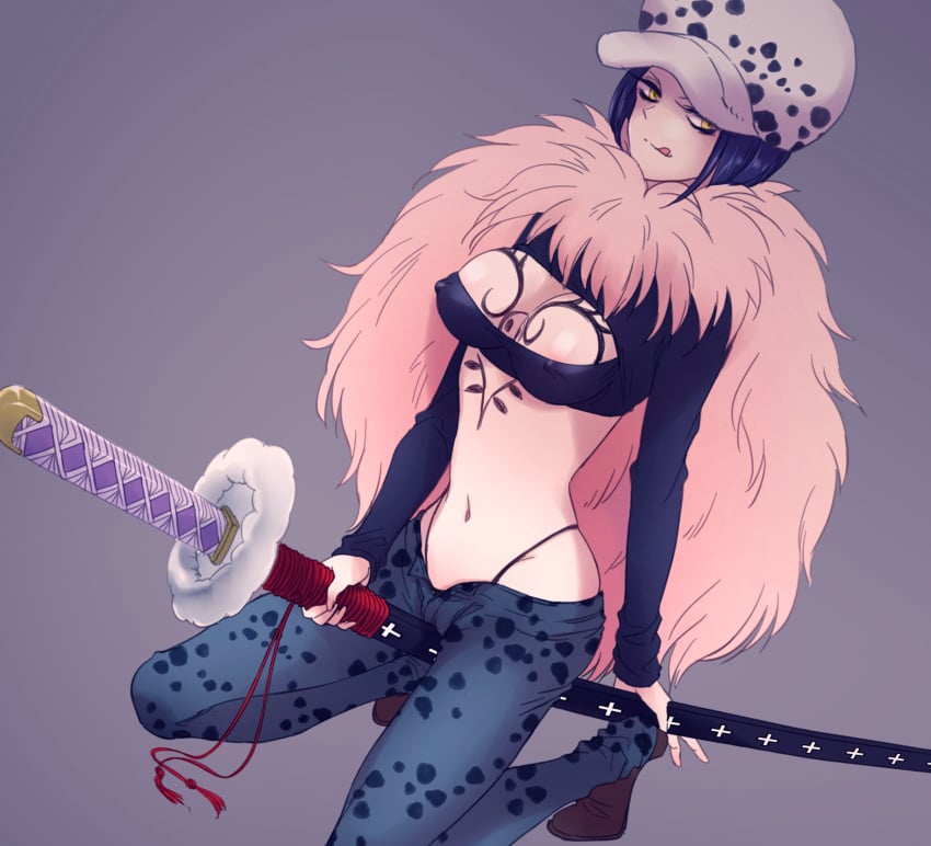 1girls :q areola_slip ass breast_cutout breast_tattoo breasts coat covered_erect_nipples denim feather_coat female female_only fur_hat genderswap_(mtf) hat highleg highleg_panties holding holding_sheath holding_sword holding_weapon jeans katana kizna long_sleeves looking_at_viewer medium_breasts navel one_piece panties pants pink_coat rule_63 sexually_suggestive sheath sword tattoo tongue tongue_out trafalgar_law underwear weapon yellow_eyes