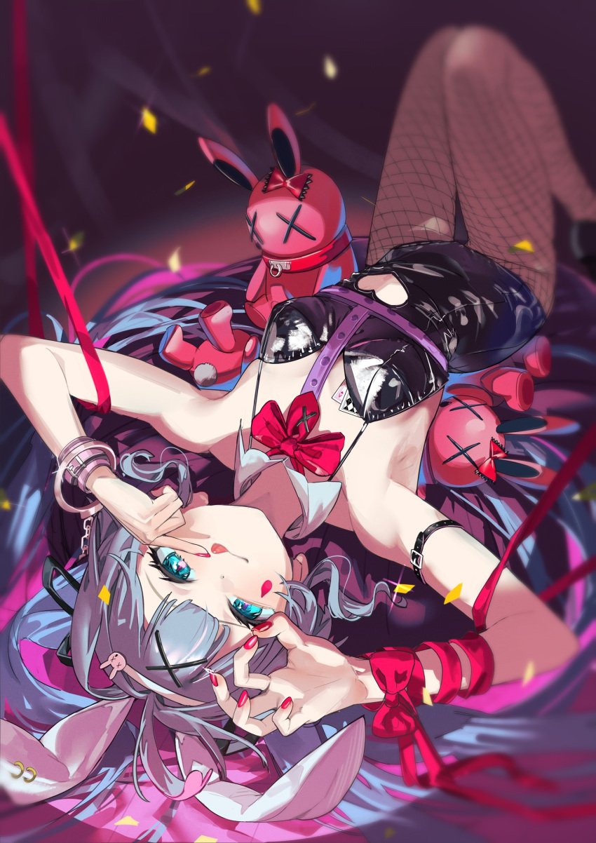 ahoge big_breasts blue_eyes blue_hair bunny_ears bunny_girl bunny_tail bunnysuit hatsune_miku heart huge_breasts huge_thighs long_hair nik_ibi pink_eyes pink_hair rabbit_hole_(vocaloid) ribbon smile stuffed_toy thighs twintails vocaloid