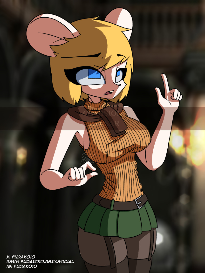 ashley ashley_graham blonde_hair blue_eyes fudako little_girl miniskirt mouse mouse_ears moushley rat resident_evil resident_evil_4 skirt stockings submissive sweater