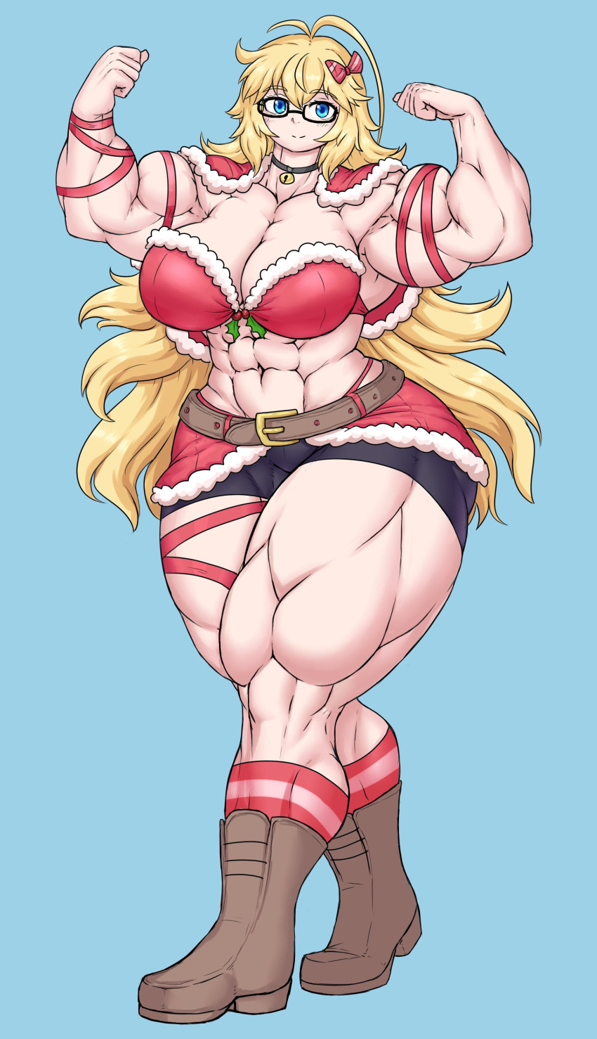 big_breasts blonde_hair blue_eyes blush blush_lines christmas_present flexing_bicep looking_at_viewer muscular_female red_bra sheepapp smiling