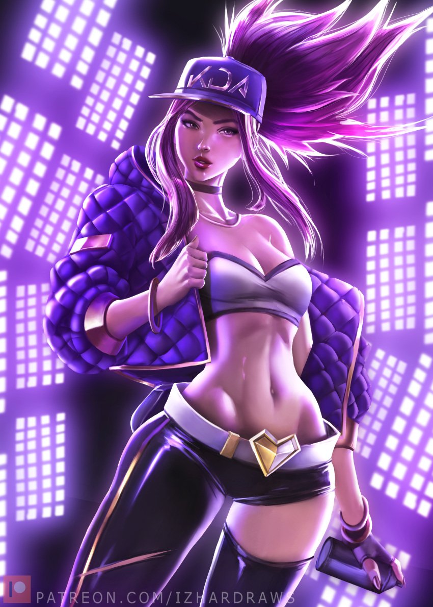 akali armwear bare_midriff bare_shoulder belly belly_button belt bracelet cap choker cleavage collar curvy_hips fingerless_gloves fit_female flat_belly front_view hat heart_belt hips izhardraws jacket k/da_akali k/da_series league_of_legends light-skinned_female light_skin looking_at_viewer midriff navel necklace ponytail purple_hair red_lips removing_clothing removing_jacket seductive_look spray_can stage_lights strapless strapless_bra strapless_top streetwear tube_top tubetop upper_body