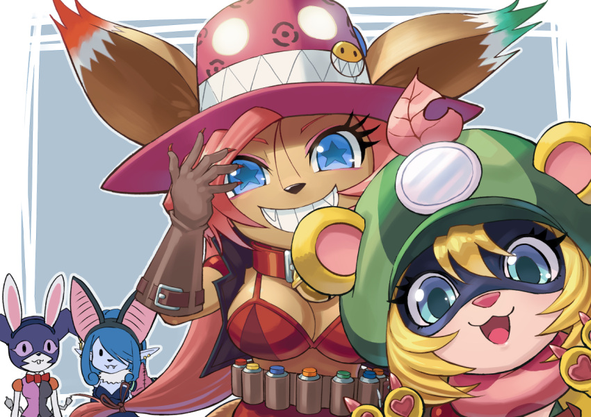 4girls animal_ears appmon_(species) blonde_hair blue_eyes blue_hair blue_skin cap coordemon digimon digimon_universe:_appli_monsters effecmon female female_only hat long_hair mask mienumon pink_hair short_hair vegasmon