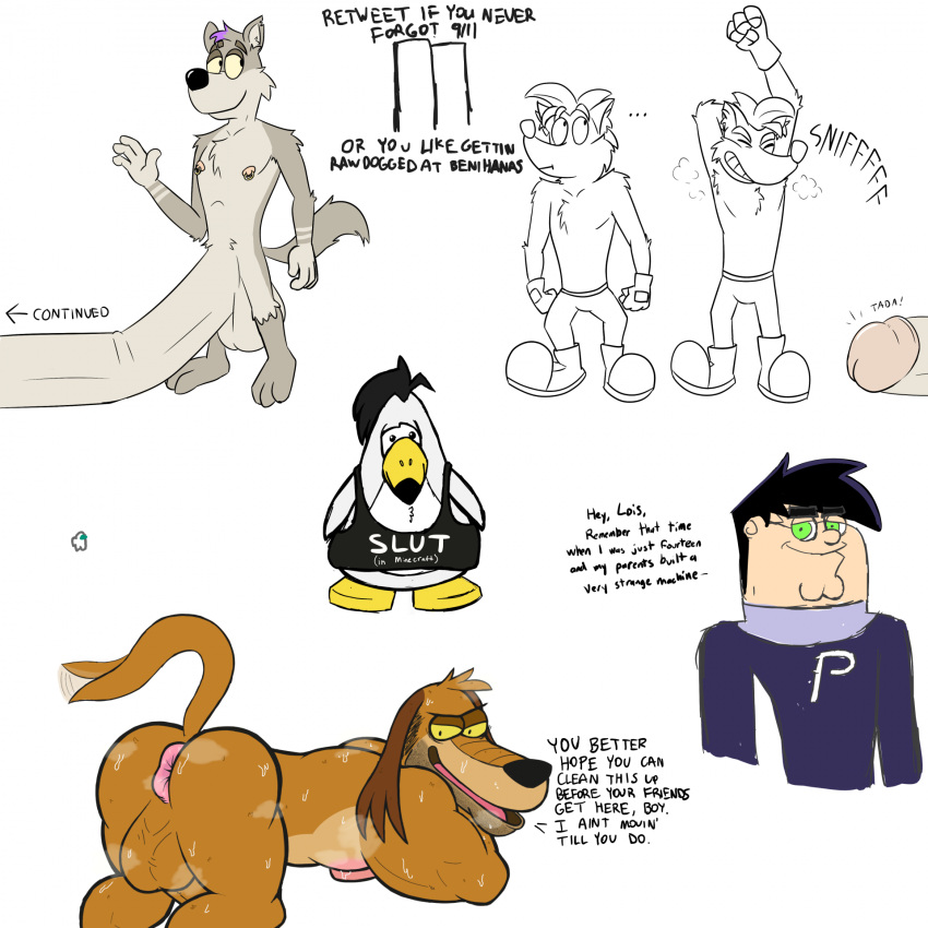 1:1 2023 9/11 activision alternate_species among_us among_us_reference anthro anus ass avian backsack balls bandicoot beak big_penis bird black_hair bodily_fluids brown_body brown_fur cale_(vermont) canid canine canis clothed clothing club_penguin collaboration crash_(series) crash_bandicoot crewmate_(among_us) danny_fenton danny_phantom dialogue domestic_dog dukey english_text family_guy feathers five_o'clock_shadow flaccid fur genitals gesture green_eyes grey_body grey_fur gus_skwarek hair hi_res huge_cock human hyper hyper_genitalia hyper_penis innersloth johnny_test_(series) looking_at_viewer looking_back looking_back_at_viewer male male_only mammal marsupial multiple_images musk_clouds nickelodeon nipple_piercing nipple_ring nipples nude_anthro nude_male penguin penis peter_griffin piercing pink_anus presenting presenting_hindquarters purple_hair ring_piercing secretgull shirt simple_background sniffing_own_armpit solo style_parody sweat talking_to_viewer tank_top text text_on_clothing text_on_shirt text_on_tank_top text_on_topwear topless topless_anthro topless_male topwear twin_towers vermonttheseagull waving waving_at_viewer white_background white_body white_feathers yellow_beak yellow_sclera