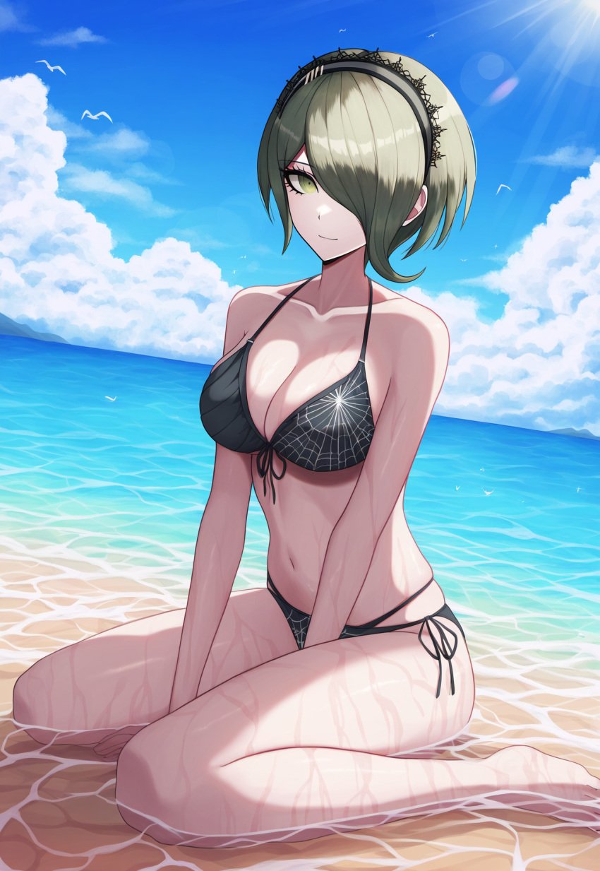 ai_generated bare_shoulders barefoot beach between_legs bikini black_bikini blue_sky breasts cleavage closed_mouth cloud collarbone danganronpa danganronpa_v3 day female front-tie_bikini front-tie_top green_eyes hair_over_one_eye hairband hand_between_legs horizon large_breasts lens_flare looking_at_viewer medium_breasts mole navel ocean outdoors sand short_hair side-tie_bikini sitting sky smile solo sunlight swimsuit toujou_kirumi wariza water