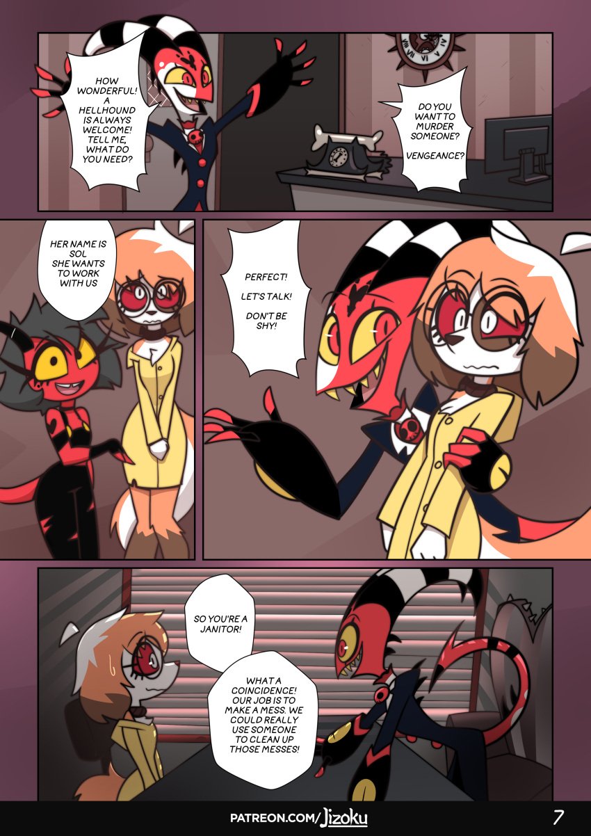 2020s 2023 a_night_with_loona_2 blitzo_(helluva_boss) comic demon demon_girl demon_horns demon_humanoid demon_tail demoness english_text female furry hellhound helluva_boss imp jizoku millie_(helluva_boss) page_7 sol_(jizoku) tagme text wolf