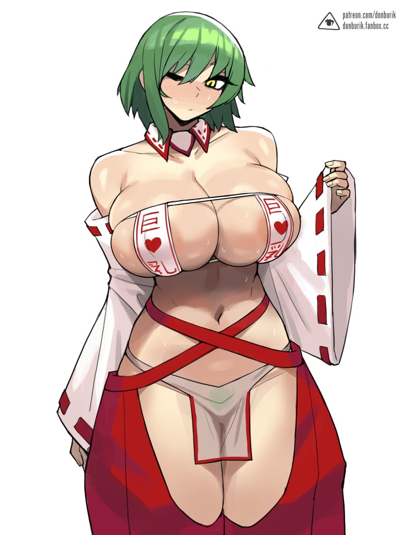 1girls 2023 breasts donburikazoku female green_hair hi_res hikage_(senran_kagura) large_breasts light-skinned_female light_skin looking_down marvelous miko naughty_face one_eye_closed pubic_hair revealing_clothes see-through_clothing senran_kagura short_hair shrine_maiden simple_background string_bikini sweat sweating thick_thighs white_background yellow_eyes