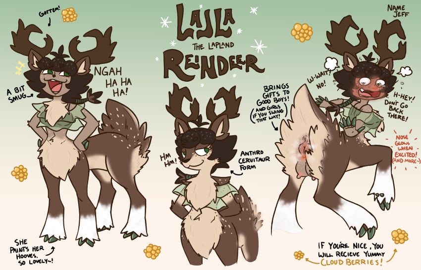 absurd_res ahoge anatomically_correct anthro antlers anus aroused ass berry bodily_fluids breasts brown_body brown_fur brown_hair censored censored_genitalia censored_pussy cervine cheek_tuft clitoris clothed clothing colored_nails crotchboobs deer deer_taur dialogue embarrassed english_text erect_nipples facial_tuft female feral fluffy fluffy_legs fluffy_tail food freckles fruit fur genitals gift glowing glowing_clitoris glowing_genitalia glowing_nose green_clothing green_eyes green_shirt green_topwear hair hi_res holidays hooves horn humanoid inner_ear_fluff lajla_the_lapland_reindeer laugh long_legs mammal mammal_taur nails namejeff navel neck_tuft new_world_deer nipples no_underwear pantsless partially_clothed plant ponytail presenting presenting_anus presenting_hindquarters presenting_pussy pussy red_nose reindeer scut_tail sharp_teeth shirt short_hair short_tail simple_background slim smug smug_face snaggle_tooth snout solo speckled_body speckled_fur spots steam steaming_pussy sweat sweatdrop tail tan_body tan_skin tank_top taur teeth text topwear tuft udders white_body white_fur wide_hips