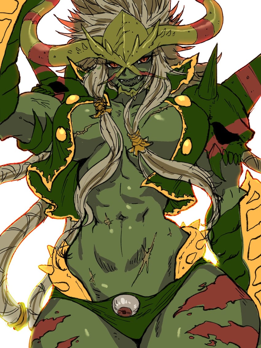 1girls digimon digimon_(species) female female_only gerusyu muscular muscular_female open_shirt rule_63 scars scars_all_over solo titamon